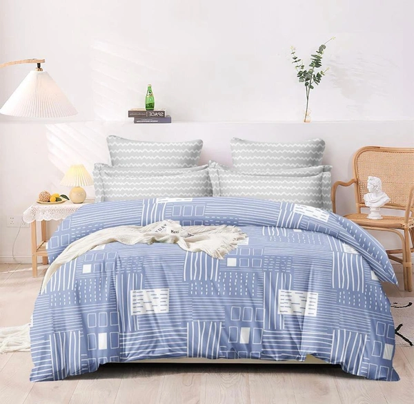 Geometrical Pattern Pastel Color Double Bedsheet With Two Pillow Covers (1+2) Set - Blue Shade
