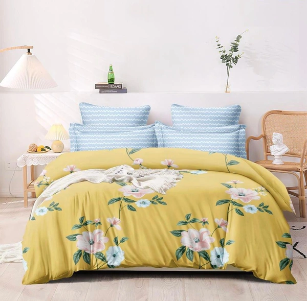 Yellowish Flowers Double Bedsheet with Two Co-ordinated Pillow Covers (1+2) Set - Yellow & Blue