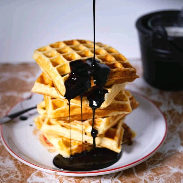 Plain Waffle With Chocolat Syrup And Vanilla Ice Cream  - Obra
