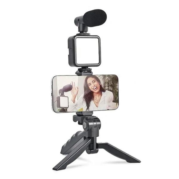 Vlogging Kit For Video Making With Mic Mini Tripod Stand, LED Light & Phone Holder Clip For Making Videos