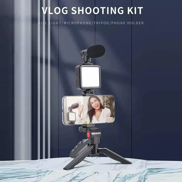 Vlogging Kit For Video Making With Mic Mini Tripod Stand, LED Light & Phone Holder Clip For Making Videos