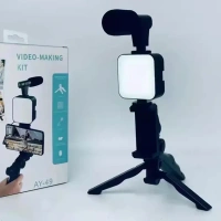 Vlogging Kit For Video Making With Mic Mini Tripod Stand, LED Light & Phone Holder Clip For Making Videos