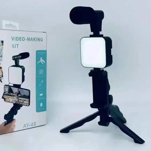 Vlogging Kit For Video Making With Mic Mini Tripod Stand, LED Light & Phone Holder Clip For Making Videos