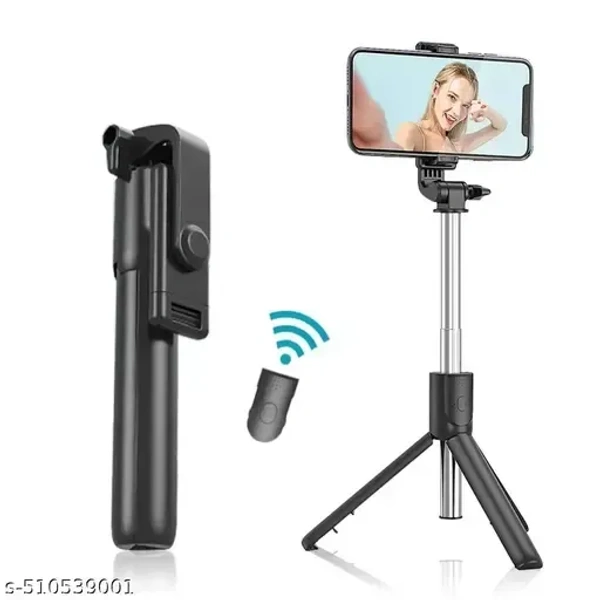 R1 Bluetooth Selfie Stick with Remote, 3-in-1 Multifunctional Selfie Stick, Tripod, Monopod Stand & Mobile Stand Compatible with All Mobile Phones Bluetooth Selfie Stick (Black, Remote Included)