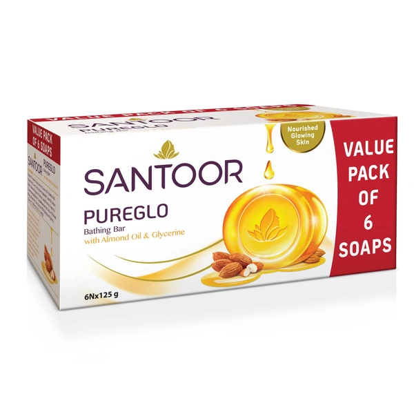 Santoor PureGlo Glycerine Soap with Almond Oil and Glycerine 125g x 6 - 125g x 6, Santoor