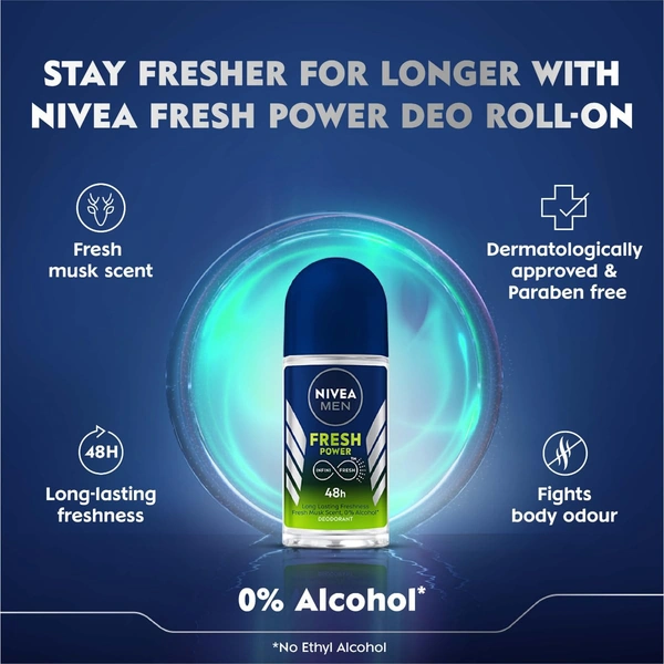 NIVEA Men Fresh Power Underarm Roll-On Deodorant 50ml - 50ml, Nivea