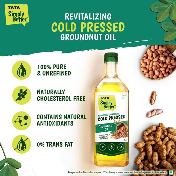 Tata Simply Better Pure & Unrefined Cold Pressed Groundnut (Peanut) Oil,Naturally Cholesterol Free,1L,Groundnut - 910g, tata