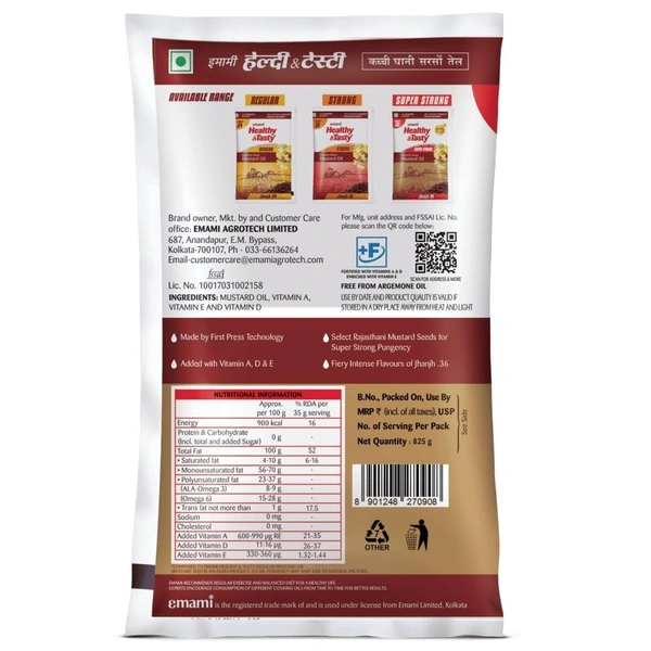 Emami Healthy & Tasty Super Strong Kachchi Ghani Mustard Oil, 900 g - 900g, Emami
