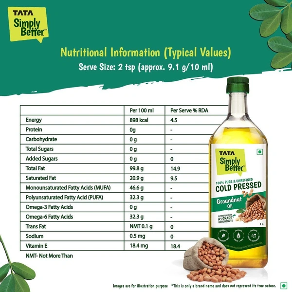 Tata Simply Better Pure & Unrefined Cold Pressed Groundnut (Peanut) Oil,Naturally Cholesterol Free,1L,Groundnut - 910g, tata