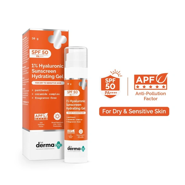 he Derma Co 1% Hyaluronic Sunscreen Hydrating Gel SPF 50 PA++++ - 50g, Derma