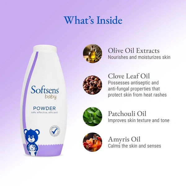 Softsens Baby Powder | Enriched with Patchouli & Olive - 200g - 200 g, Softsens