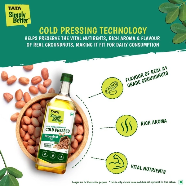 Tata Simply Better Pure & Unrefined Cold Pressed Groundnut (Peanut) Oil,Naturally Cholesterol Free,1L,Groundnut - 910g, tata