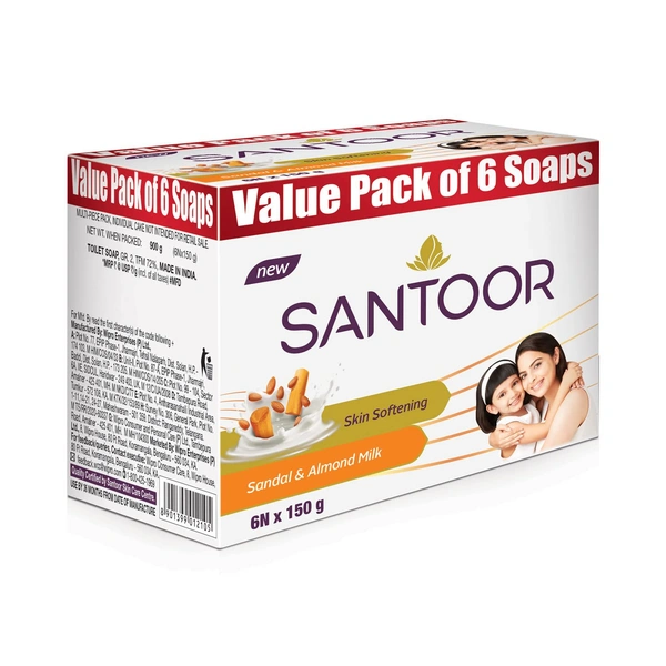  Santoor Skin Softening Sandal & Almond Milk Bathing Soap 150g x 6 - 150g x 6, Santoor