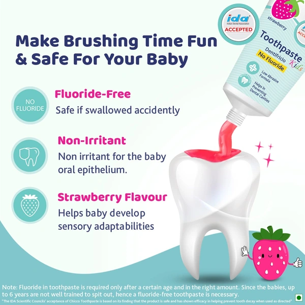 Chicco Toothpaste for Kids, Best for Baby (1y-6y), Strawberry Flavour, 50g - 50g, Chicco