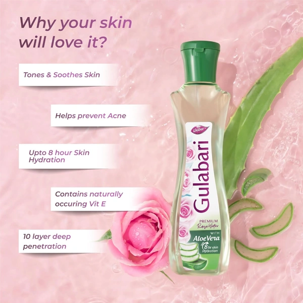 Dabur Gulabari Premium Rose Water with Aloe Vera - 400 ml - 400ml, Dabur