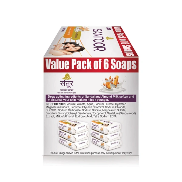  Santoor Skin Softening Sandal & Almond Milk Bathing Soap 150g x 6 - 150g x 6, Santoor