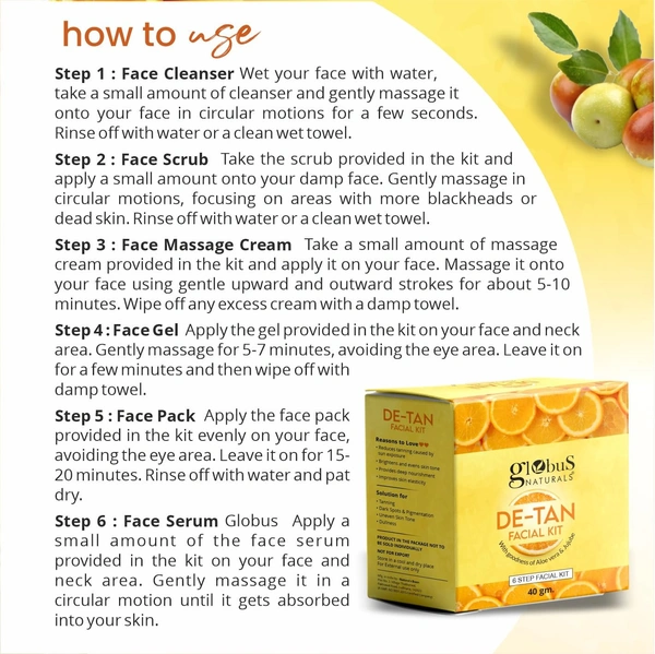 Globus Naturals De-Tan 6 Step Facial Kit, 40gm - 40g, Globus