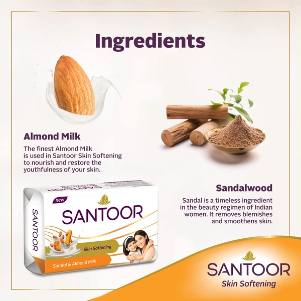  Santoor Skin Softening Sandal & Almond Milk Bathing Soap 150g x 6 - 150g x 6, Santoor