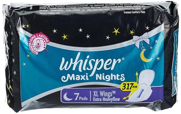 Whisper Maxi Nights Sanitary Pads,XL, 7 Napkins, Pack Of 1 - XL, Whisper