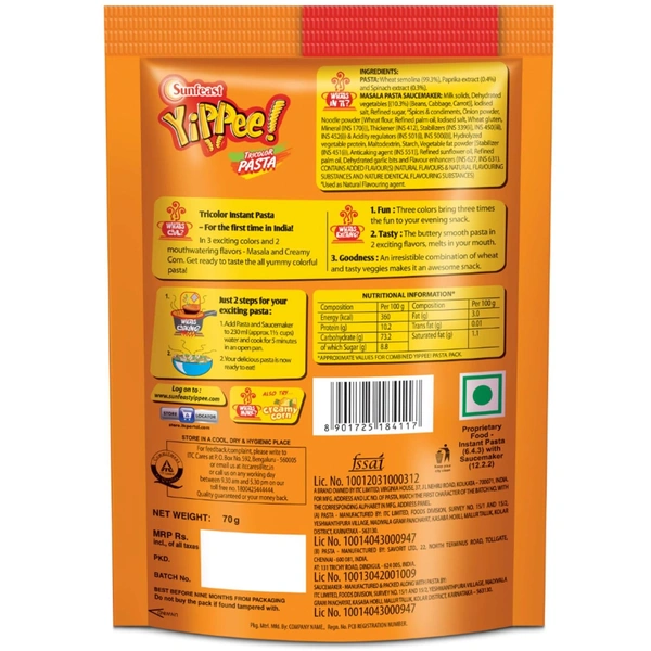 Sunfeast Yippee Tricolor Pasta Masala, 70g - 70g, Yippee