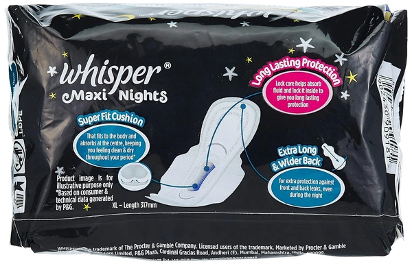 Whisper Maxi Nights Sanitary Pads,XL, 7 Napkins, Pack Of 1 - XL, Whisper