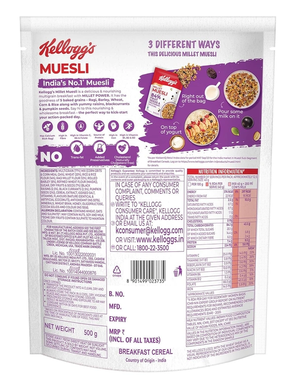 Kellogg's Millet Muesli with 84% Fruit, Seed & Multigrain 500g - 500g, Kellogg's