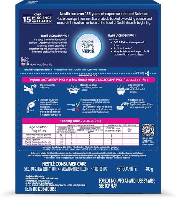 Nestle Lactogen Pro 1 Powder, Infant Formula Up To 6 Months With Probiotic And Prebiotic - 400 g