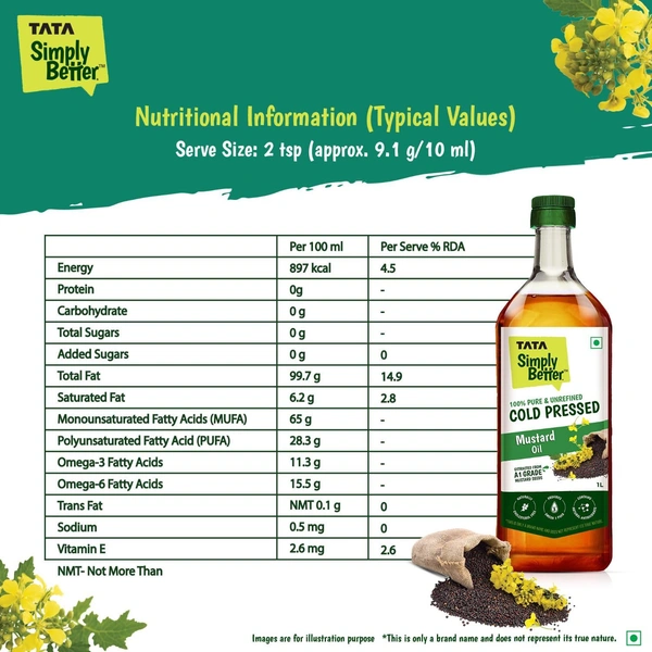 Tata Simply Better Pure & Unrefined Cold Pressed Mustard Oil,Naturally Cholesterol Free, 1L - 1Ltr, Tata