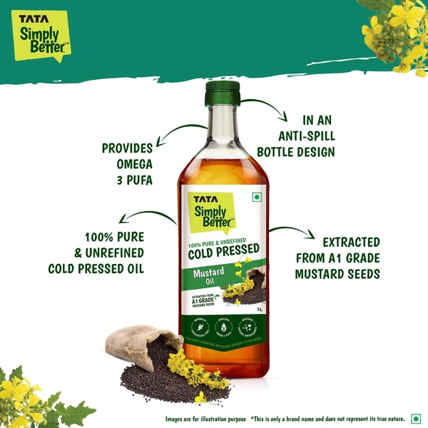 Tata Simply Better Pure & Unrefined Cold Pressed Mustard Oil,Naturally Cholesterol Free, 1L - 1Ltr, Tata