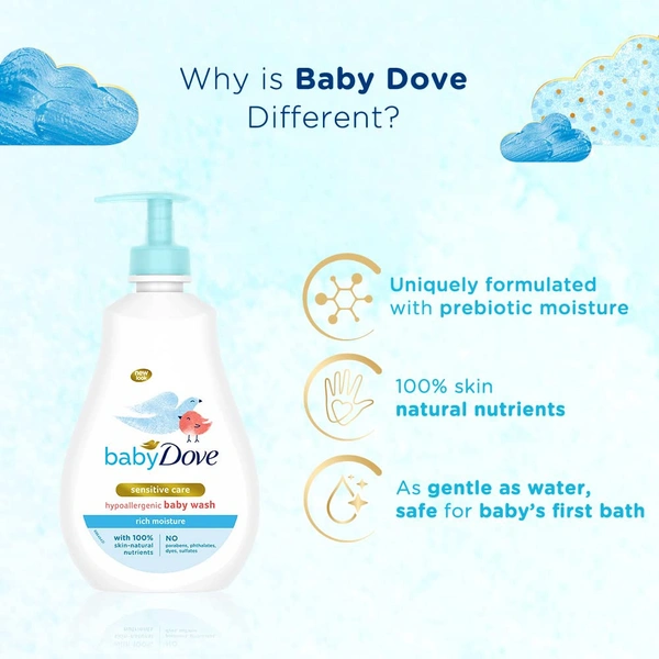 Baby Dove Rich Moisture Hair to Toe Baby Wash 400ml, No Tears Body Wash for Baby's Soft Skin - Hypoallergenic, No Sulphates, No Parabens - 400 ml