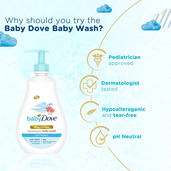 Baby Dove Rich Moisture Hair to Toe Baby Wash 400ml, No Tears Body Wash for Baby's Soft Skin - Hypoallergenic, No Sulphates, No Parabens - 400 ml