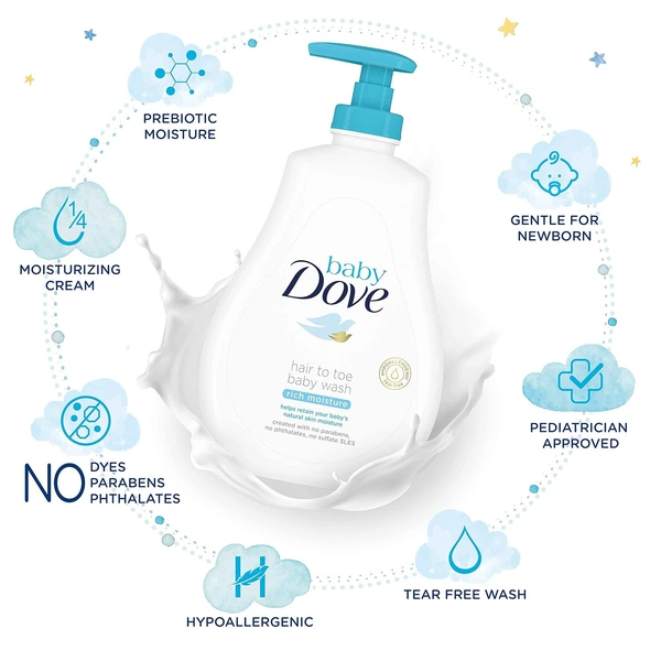 Baby Dove Rich Moisture Hair to Toe Baby Wash 400ml, No Tears Body Wash for Baby's Soft Skin - Hypoallergenic, No Sulphates, No Parabens - 400 ml