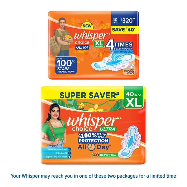 Whisper Choice Sanitary Pads with Wings for Women, XL, 40s Napkins - XL(284mm), Whisper