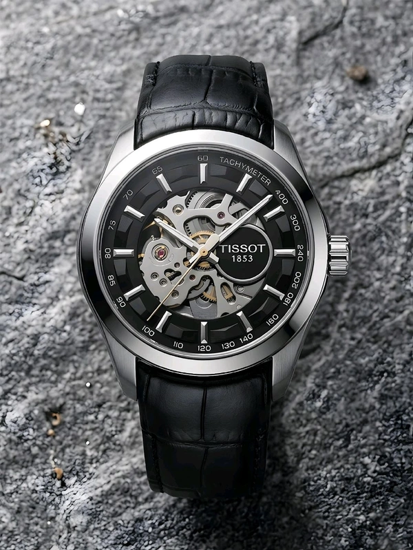 TISSOT_ Automatic Analogue Leather Strap Watch for Men - Black