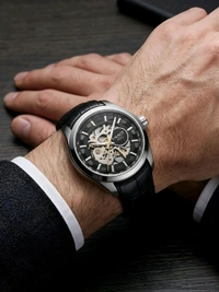TISSOT_ Automatic Analogue Leather Strap Watch for Men - Black