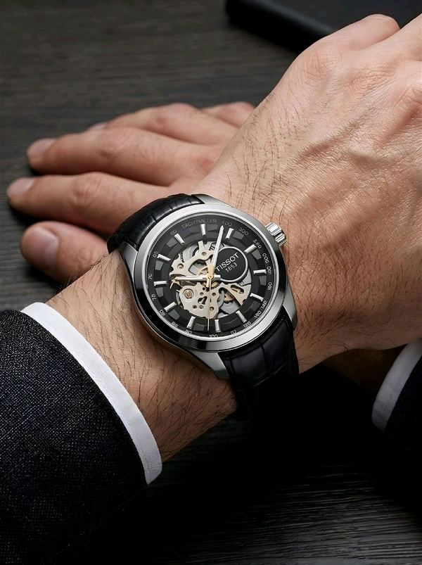 TISSOT_ Automatic Analogue Leather Strap Watch for Men - Black