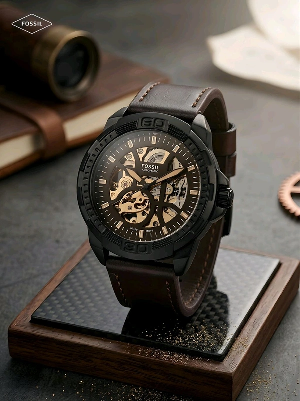 FOSSIL_ Bronson Automatic Black Dial Analog Leather Watch FOR MEN ME3219
