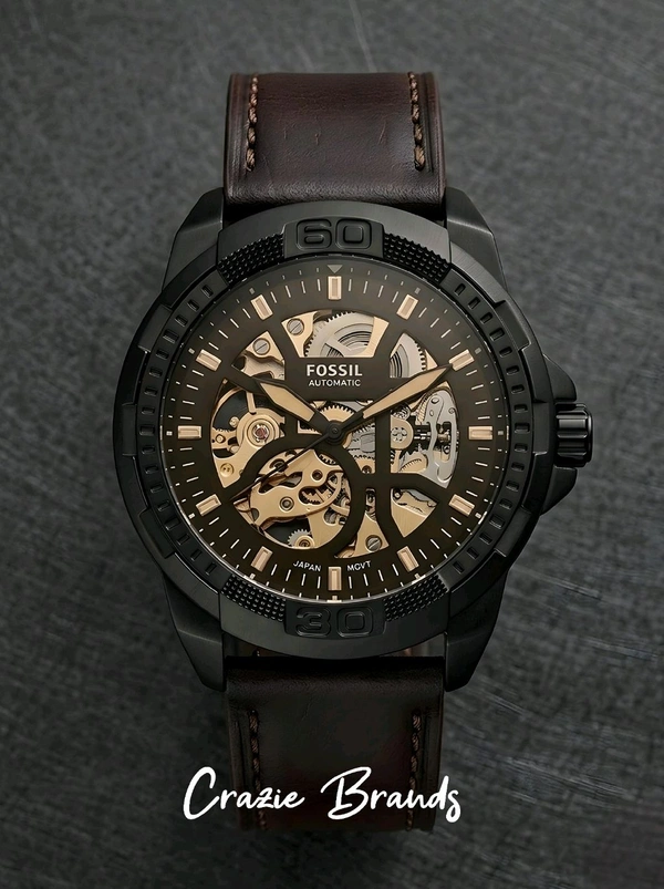 FOSSIL_ Bronson Automatic Black Dial Analog Leather Watch FOR MEN ME3219