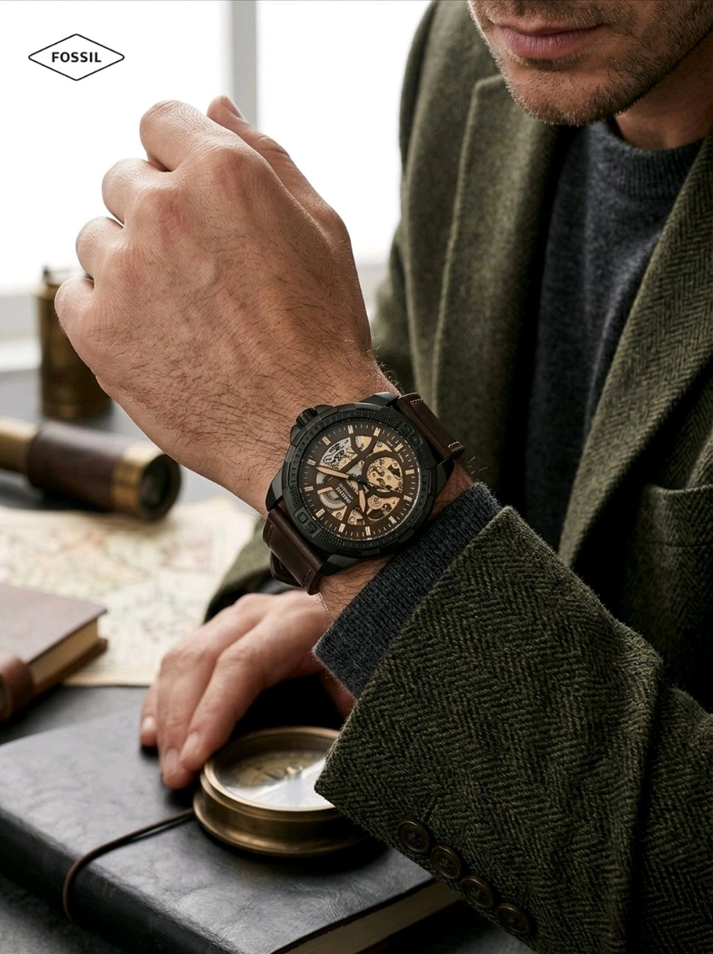 FOSSIL_ Bronson Automatic Black Dial Analog Leather Watch FOR MEN