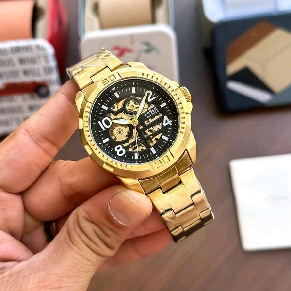 FOSSIL_ Bronson Automatic Black Dial Analog Stainless Steel Gold Watch For Men ME3257