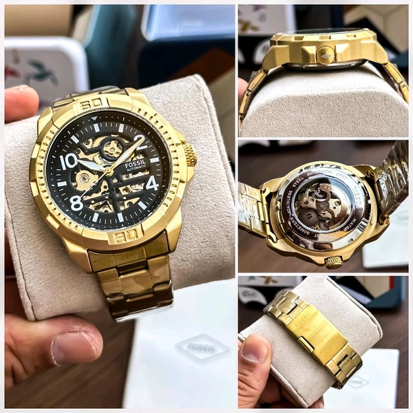 FOSSIL_ Bronson Automatic Black Dial Analog Stainless Steel Gold Watch For Men ME3257