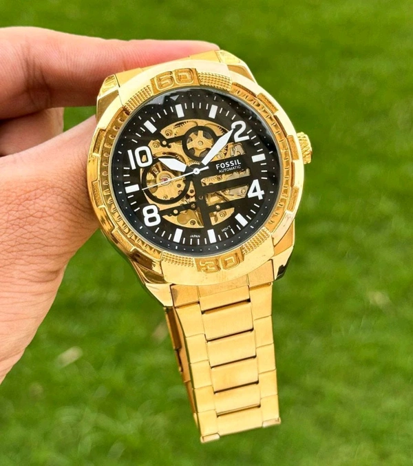 FOSSIL_ Bronson Automatic Black Dial Analog Stainless Steel Gold Watch For Men ME3257