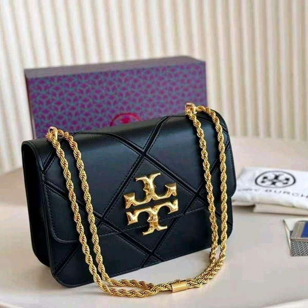 TORY_ BURCH_ Eleanor Quilt Convertible Tab Black Crossbody Sling Bag For Women - Black, 25×17cm