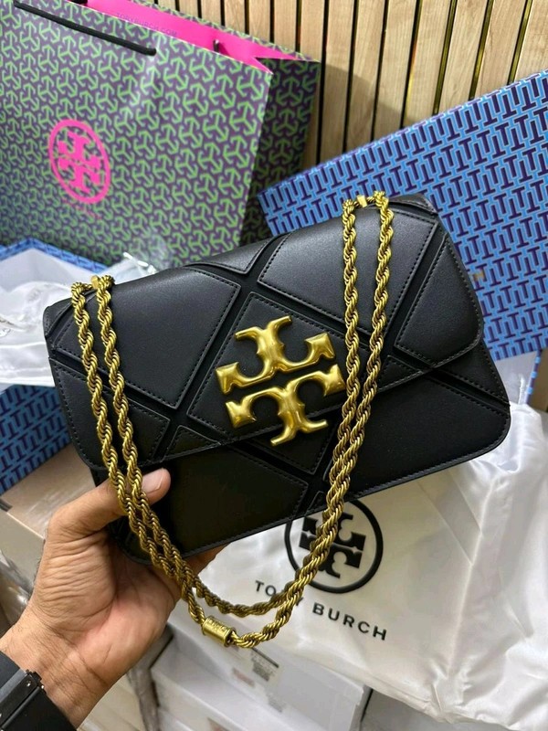 TORY_ BURCH_ Eleanor Quilt Convertible Tab Black Crossbody Sling Bag For Women - Black, 25×17cm