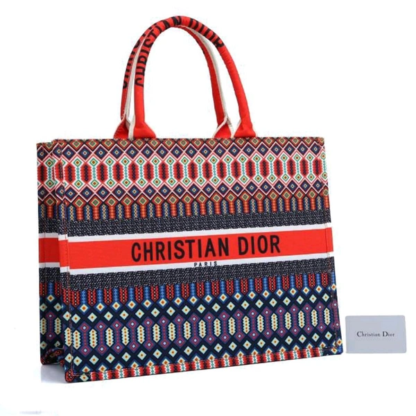 CHRISTIAN_ DIOR_ Orange Multicolor Embroidered Book Tote Large Bag - Orange
