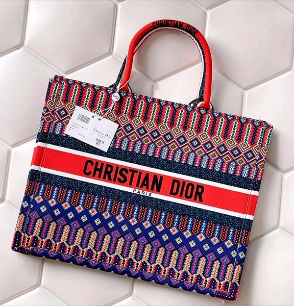 CHRISTIAN_ DIOR_ Orange Multicolor Embroidered Book Tote Large Bag - Orange