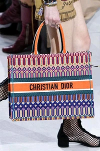 CHRISTIAN_ DIOR_ Orange Multicolor Embroidered Book Tote Large Bag - Orange