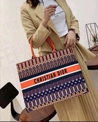 CHRISTIAN_ DIOR_ Orange Multicolor Embroidered Book Tote Large Bag - Orange