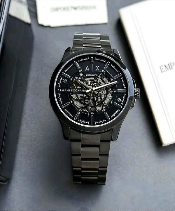 A|X ARMANI_ EXCHANGE_ AX2418 Automatic Skeleton Black Dial Black Stainless Steel Strap Watch For Men - Black, Contact Sales Team On Whatsapp
