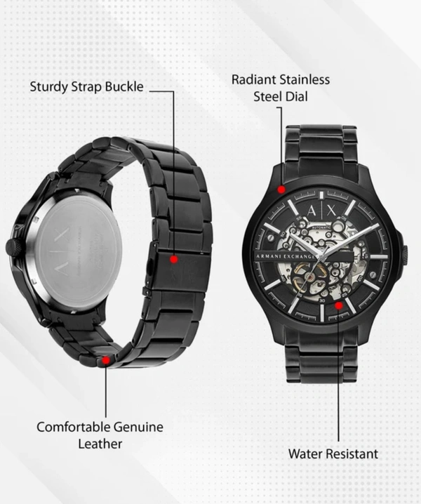 A|X ARMANI_ EXCHANGE_ AX2418 Automatic Skeleton Black Dial Black Stainless Steel Strap Watch For Men - Black, Contact Sales Team On Whatsapp